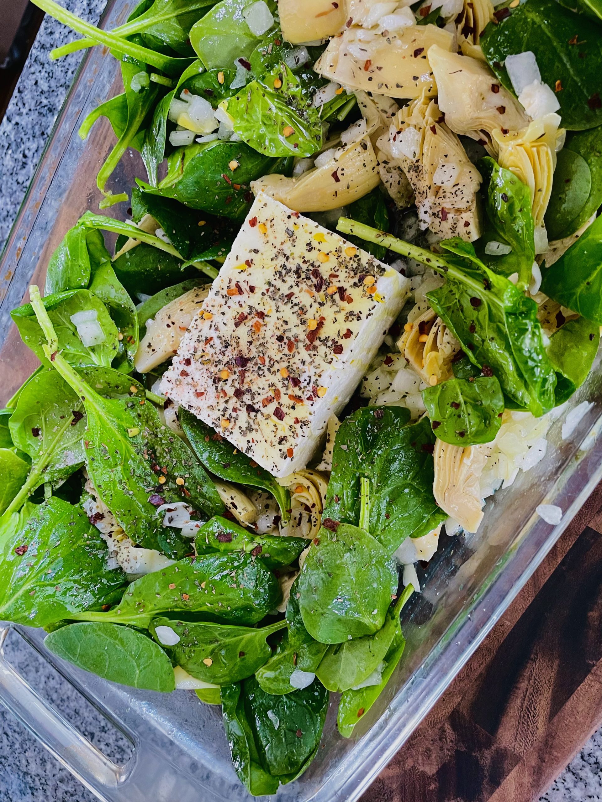 CHEESY SPINACH ARTICHOKE BAKED FETA PASTA